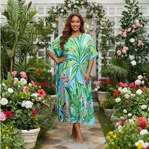 Gypsie Blu Digital Leaf Printed Plus Size Polyester Beach Cover Up Caftan Dress